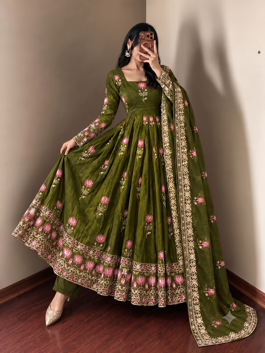 Women Lotus Pichwai Embroidered Anarkali Kurta Set with Pant and Dupatta Set
