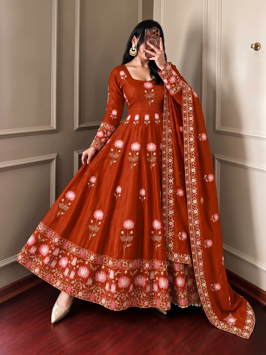 Women Lotus Pichwai Embroidered Anarkali Kurta Set with Pant and Dupatta Set