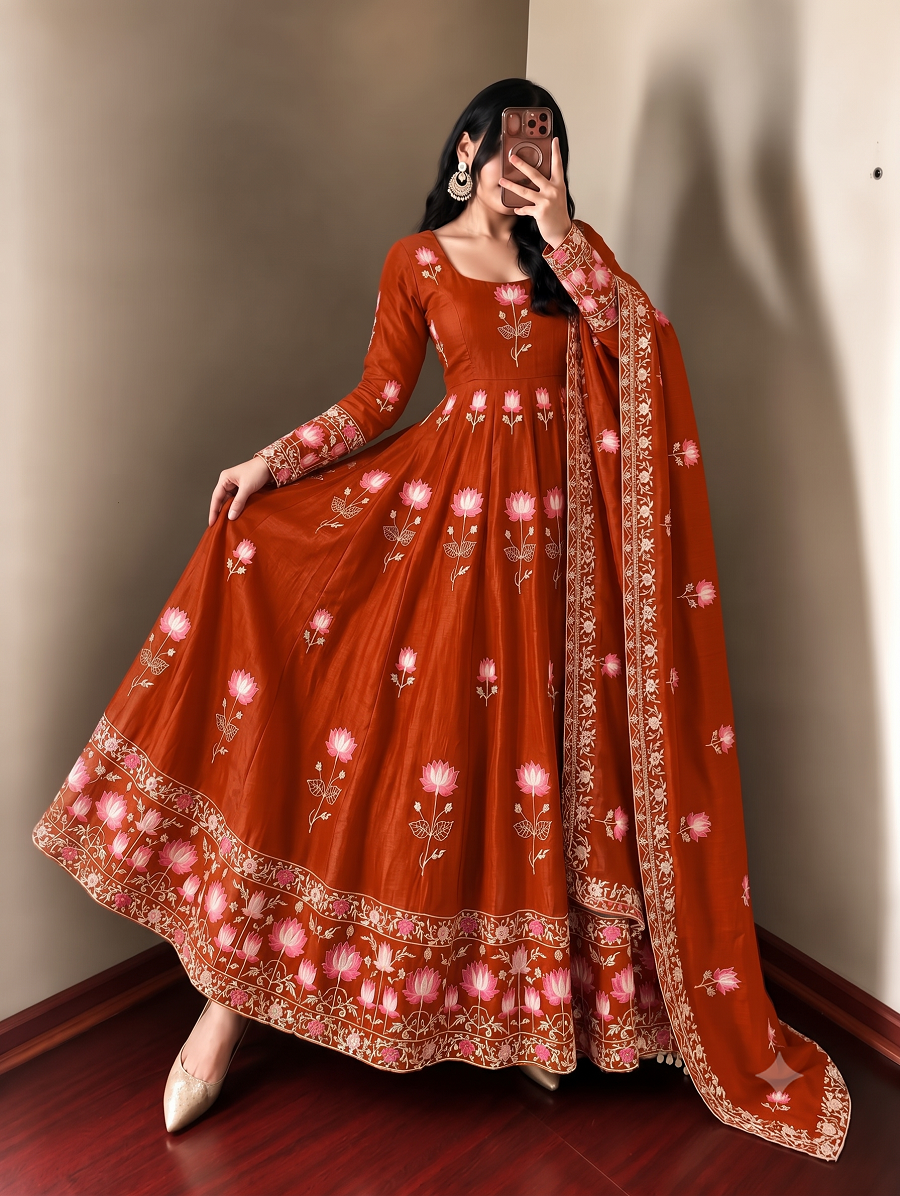Women Lotus Pichwai Embroidered Anarkali Kurta Set with Pant and Dupatta Set