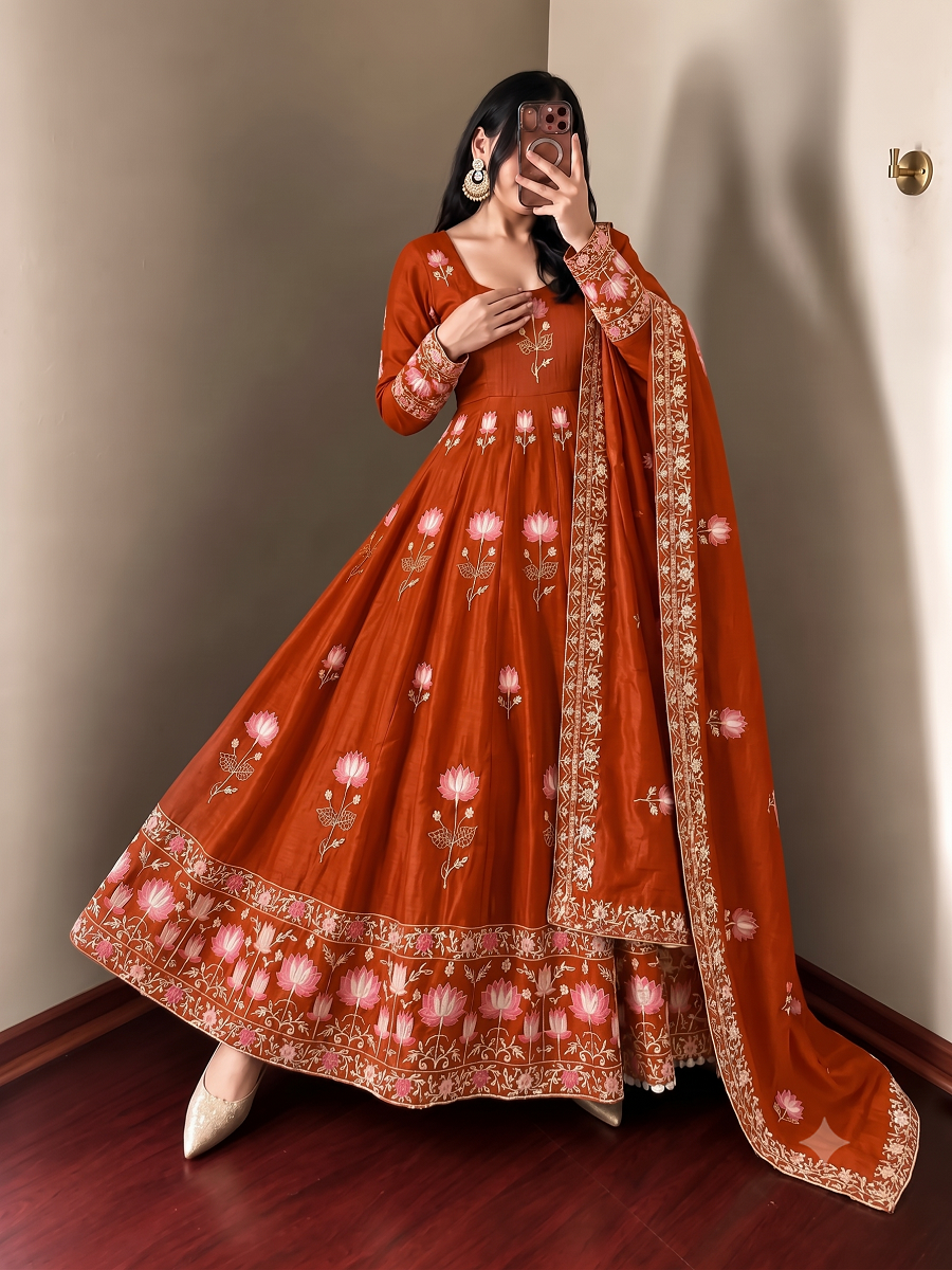 Women Lotus Pichwai Embroidered Anarkali Kurta Set with Pant and Dupatta Set