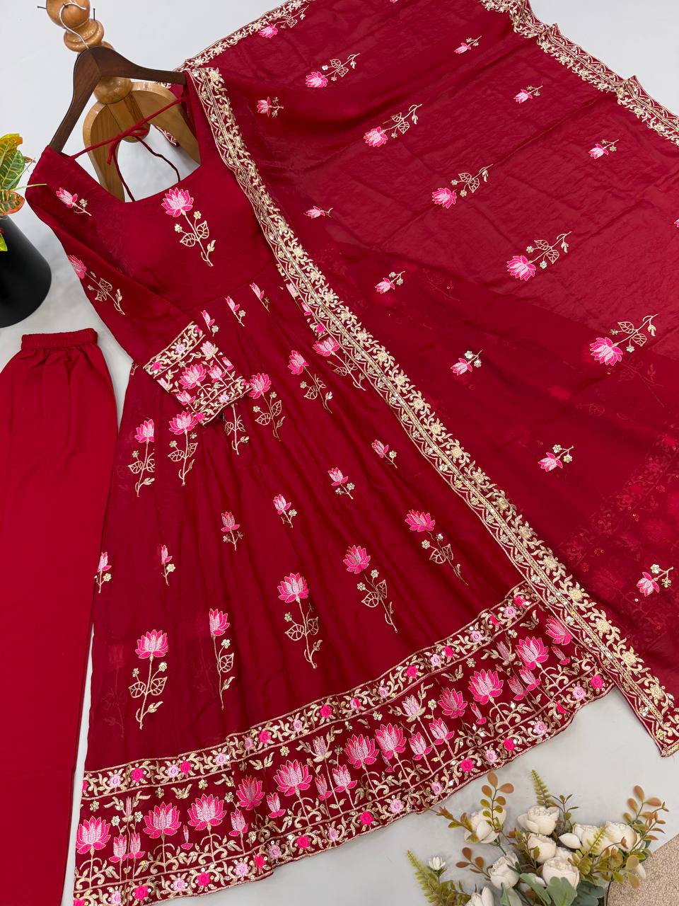 Women Lotus Pichwai Embroidered Anarkali Kurta Set with Pant and Dupatta Set