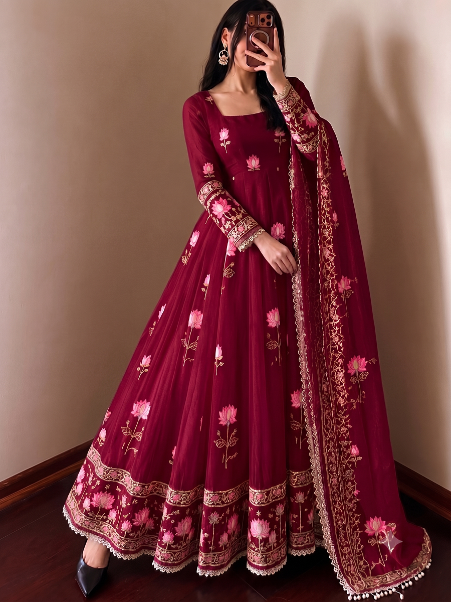 Women Lotus Pichwai Embroidered Anarkali Kurta Set with Pant and Dupatta Set