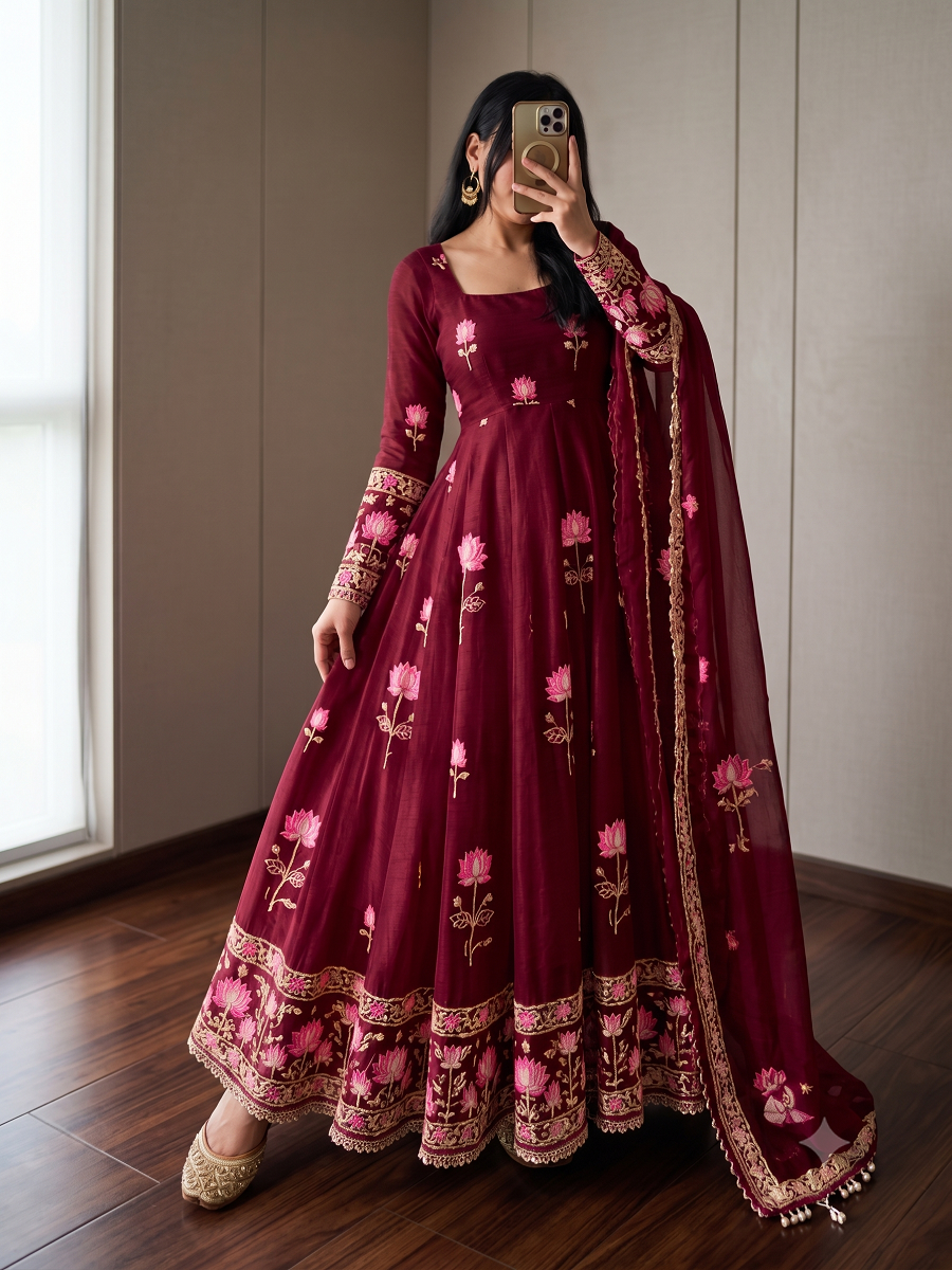 Women Lotus Pichwai Embroidered Anarkali Kurta Set with Pant and Dupatta Set