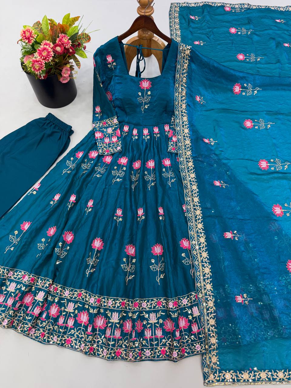 Women Lotus Pichwai Embroidered Anarkali Kurta Set with Pant and Dupatta Set