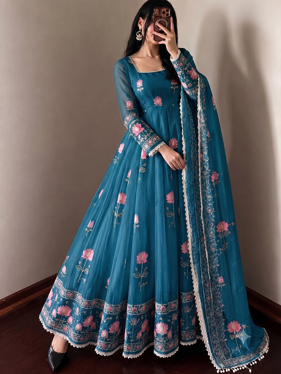 Women Lotus Pichwai Embroidered Anarkali Kurta Set with Pant and Dupatta Set