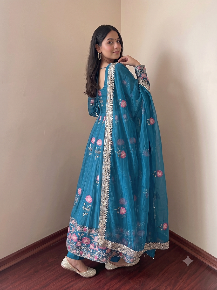 Women Lotus Pichwai Embroidered Anarkali Kurta Set with Pant and Dupatta Set