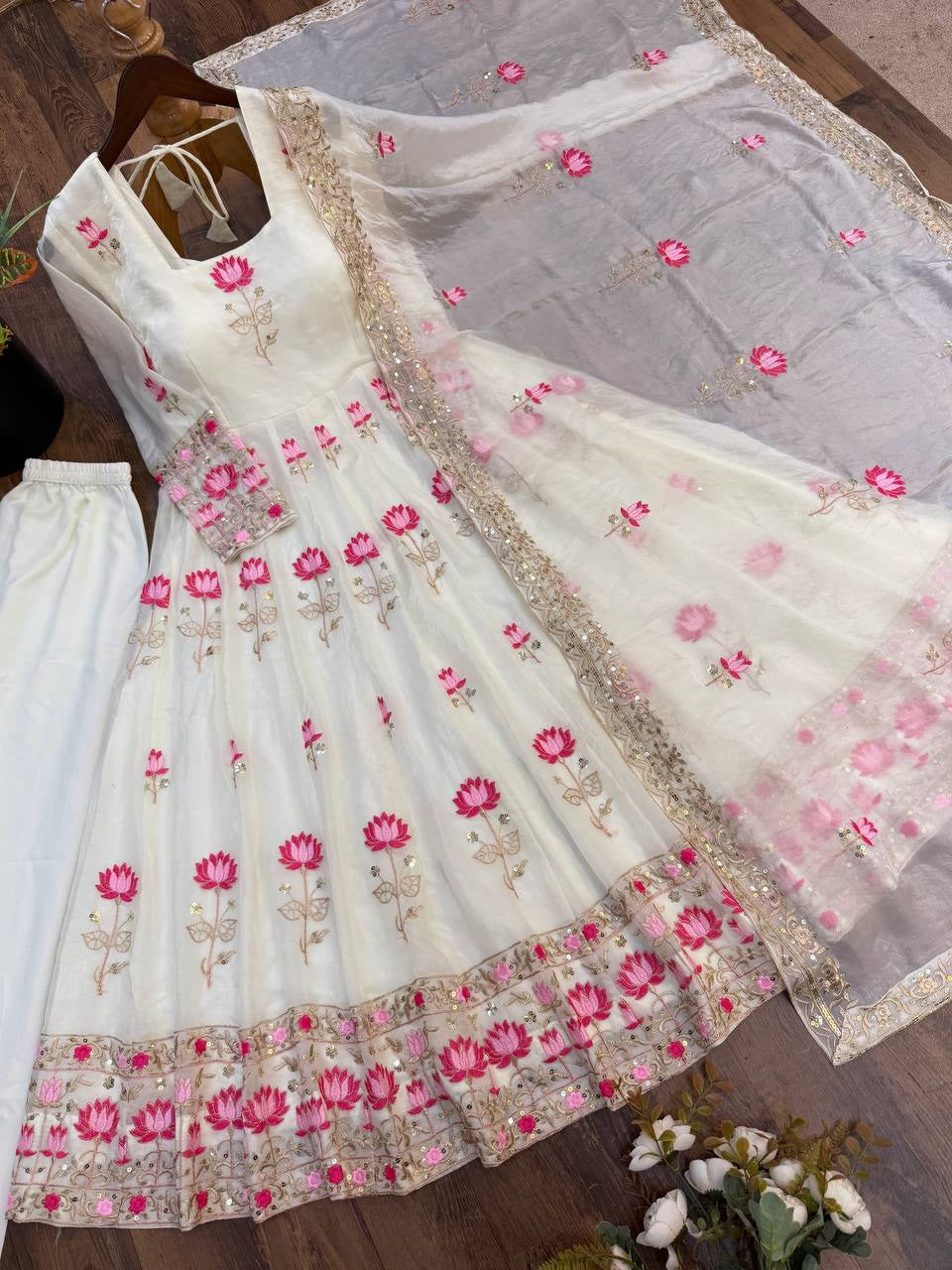 Women Lotus Pichwai Embroidered Anarkali Kurta Set with Pant and Dupatta Set