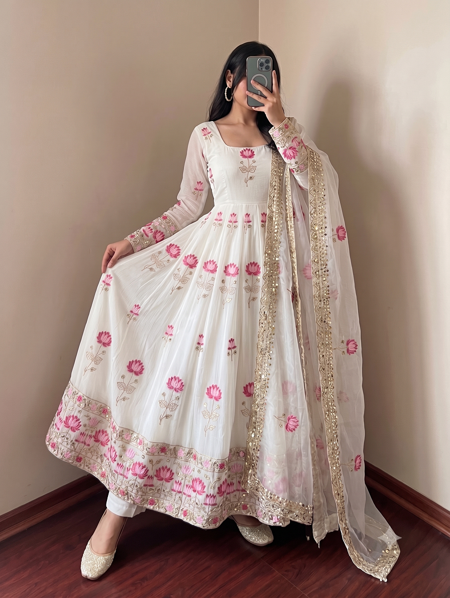 Women Lotus Pichwai Embroidered Anarkali Kurta Set with Pant and Dupatta Set