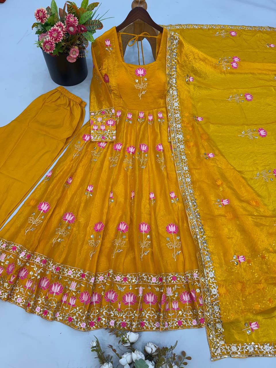 Women Lotus Pichwai Embroidered Anarkali Kurta Set with Pant and Dupatta Set
