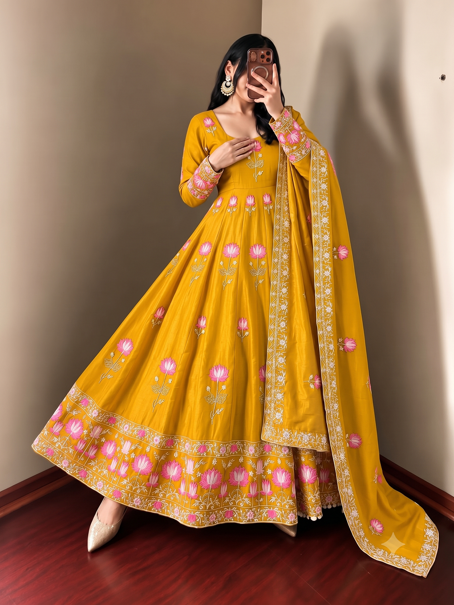 Women Lotus Pichwai Embroidered Anarkali Kurta Set with Pant and Dupatta Set