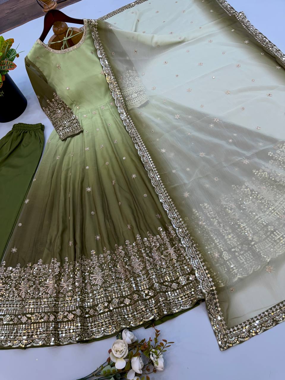 Dual-Shade Colour's Anarkali Gown with Heavy Sequins & Border Dupatta Set