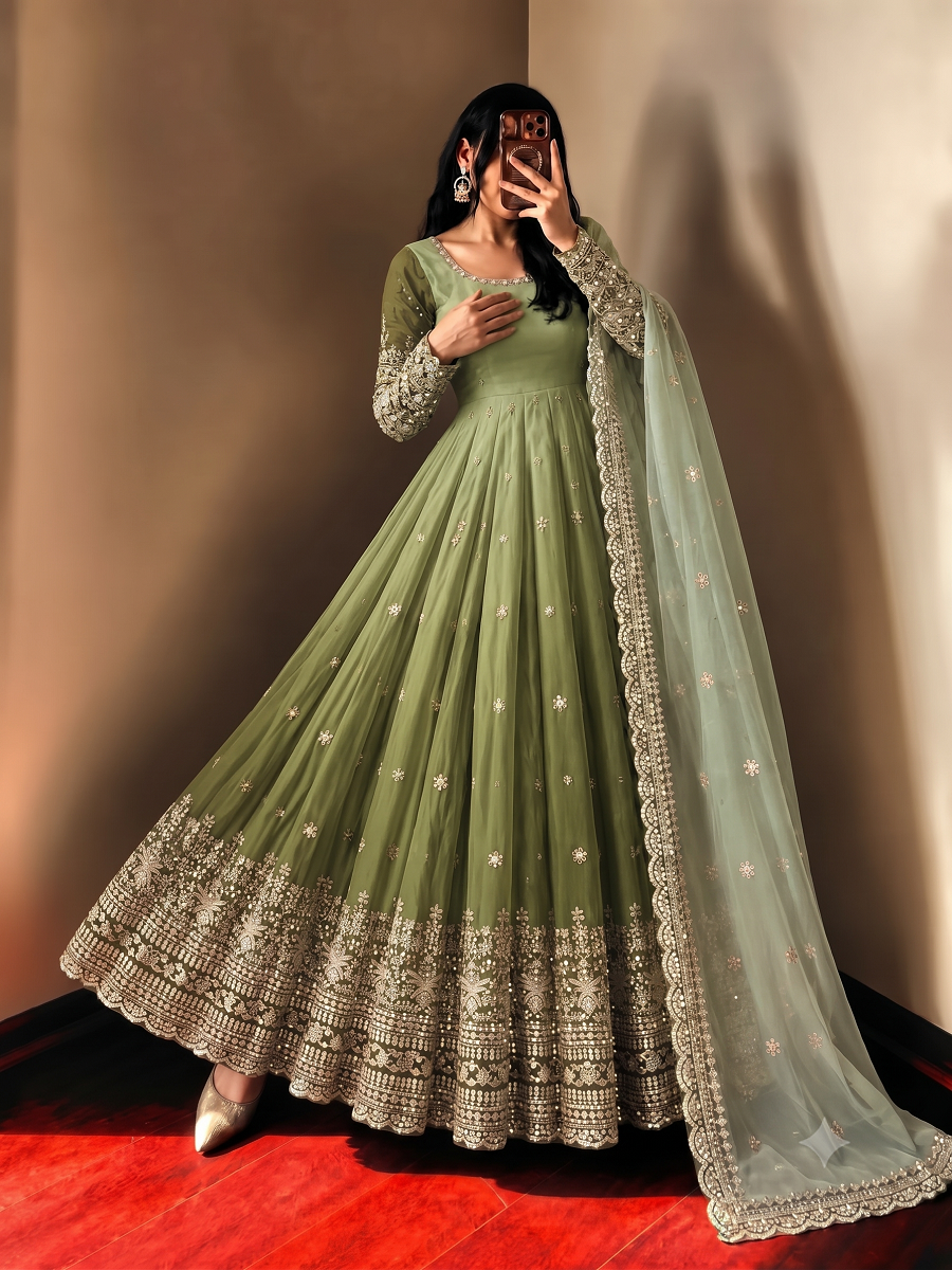 Dual-Shade Colour's Anarkali Gown with Heavy Sequins & Border Dupatta Set