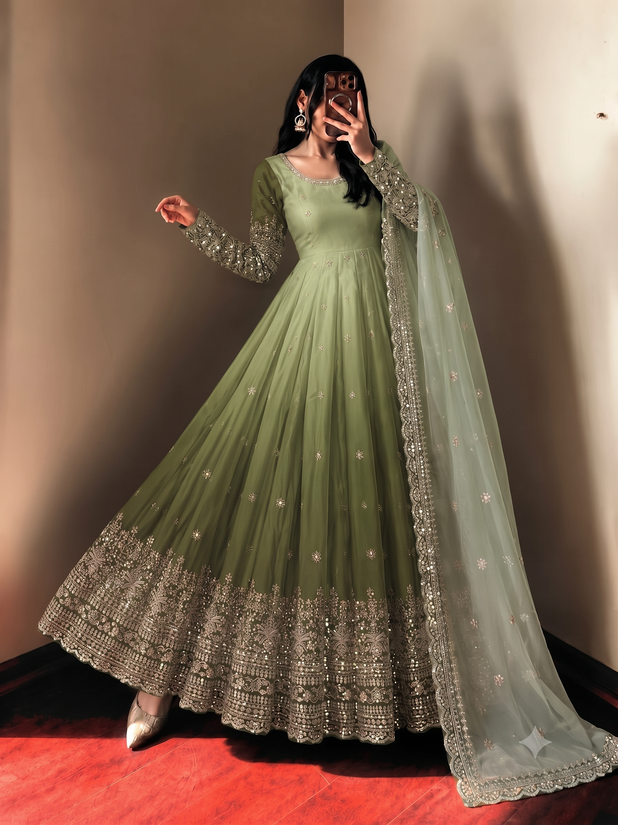 Dual-Shade Colour's Anarkali Gown with Heavy Sequins & Border Dupatta Set