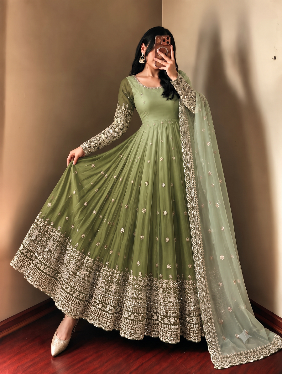 Dual-Shade Colour's Anarkali Gown with Heavy Sequins & Border Dupatta Set
