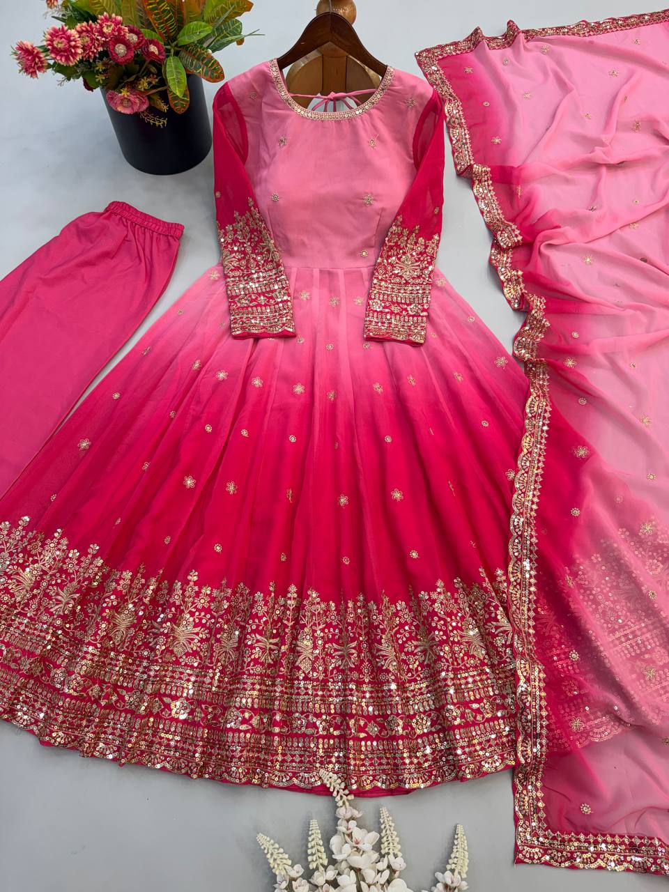Dual-Shade Colour's Anarkali Gown with Heavy Sequins & Border Dupatta Set