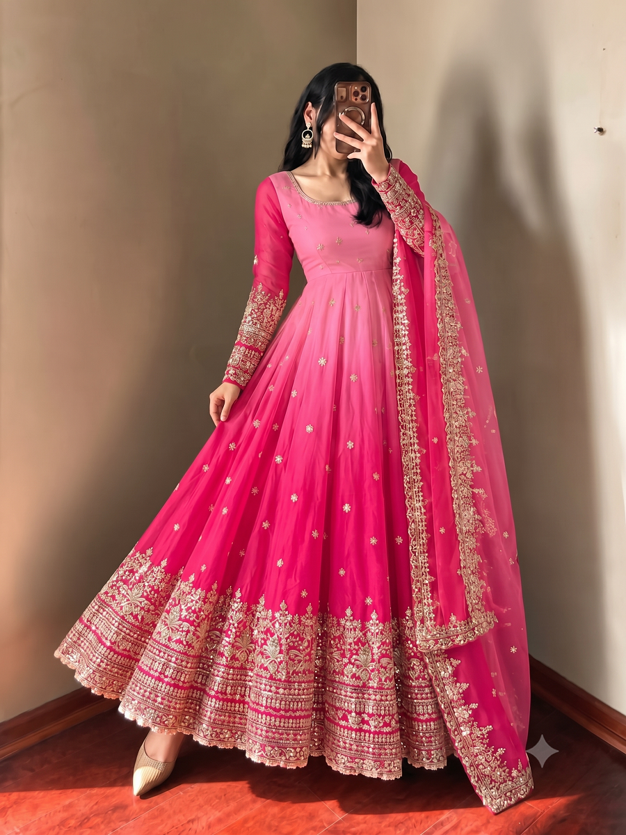 Dual-Shade Colour's Anarkali Gown with Heavy Sequins & Border Dupatta Set