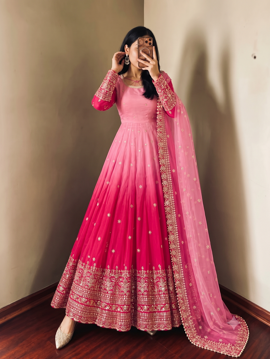 Dual-Shade Colour's Anarkali Gown with Heavy Sequins & Border Dupatta Set