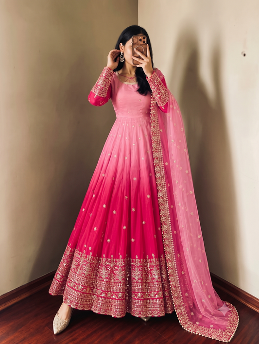 Dual-Shade Colour's Anarkali Gown with Heavy Sequins & Border Dupatta Set