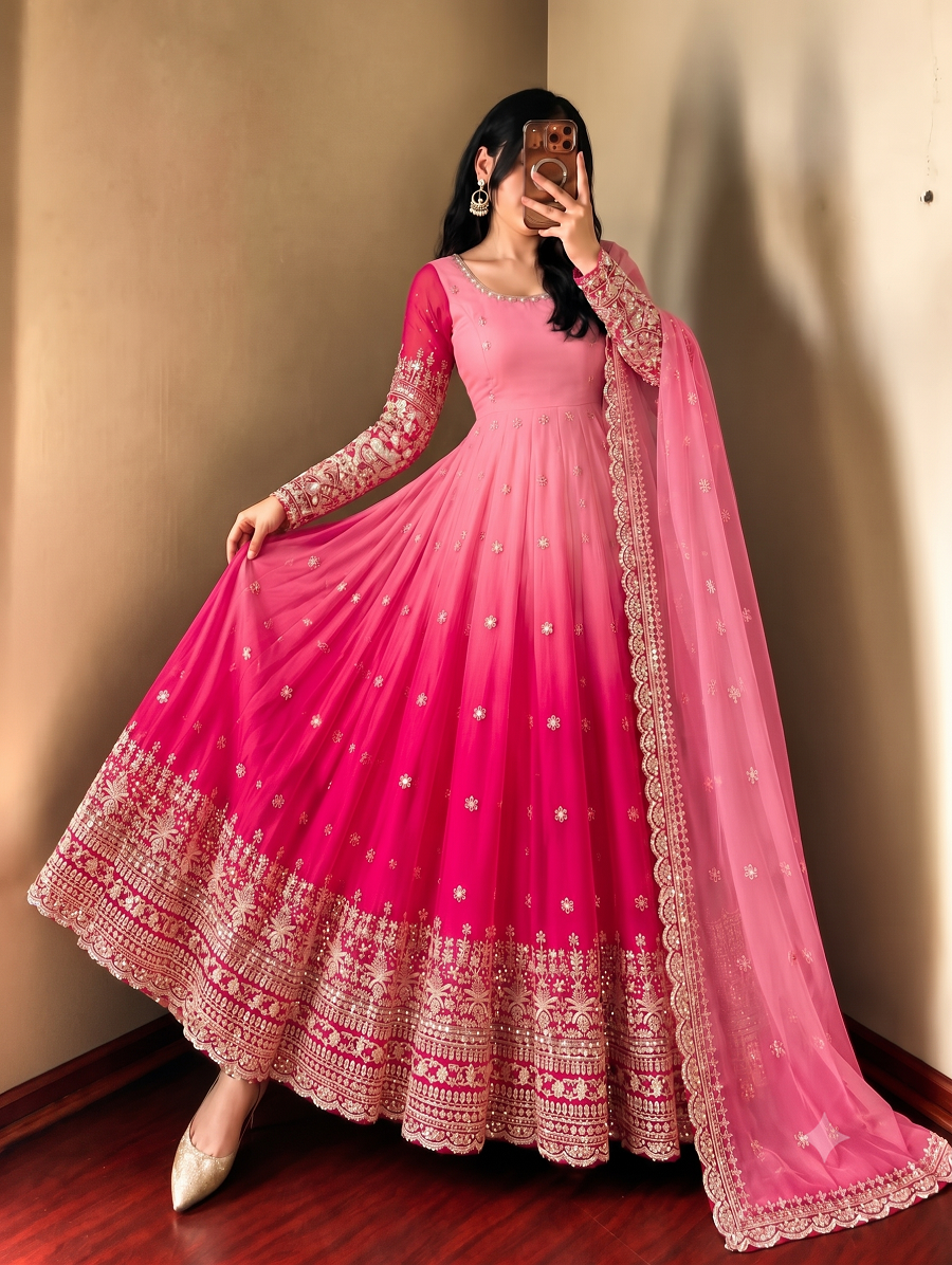Dual-Shade Colour's Anarkali Gown with Heavy Sequins & Border Dupatta Set
