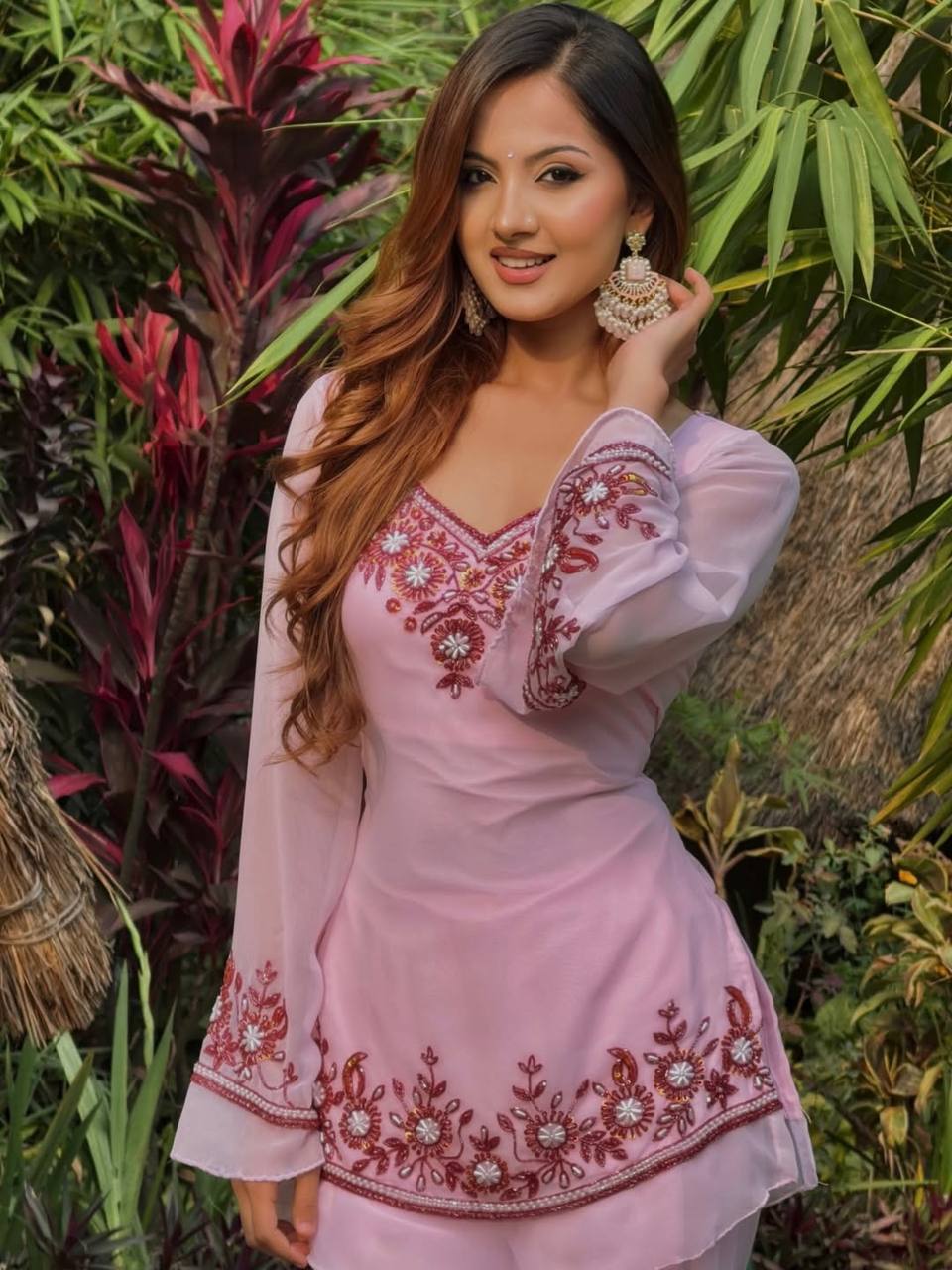 New Trendy Stylish Elegant Light Pink Embroidered Kurta and Palazzo Set