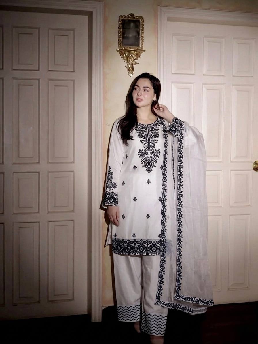New Latest Trendy Designer Embroidered Cotton-Blend Kurta with Matching Trousers and Dupatta