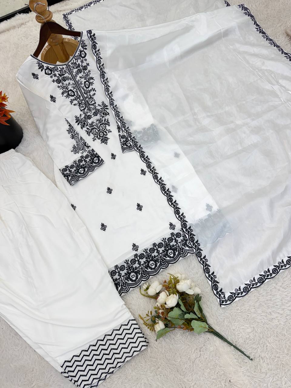 New Latest Trendy Designer Embroidered Cotton-Blend Kurta with Matching Trousers and Dupatta