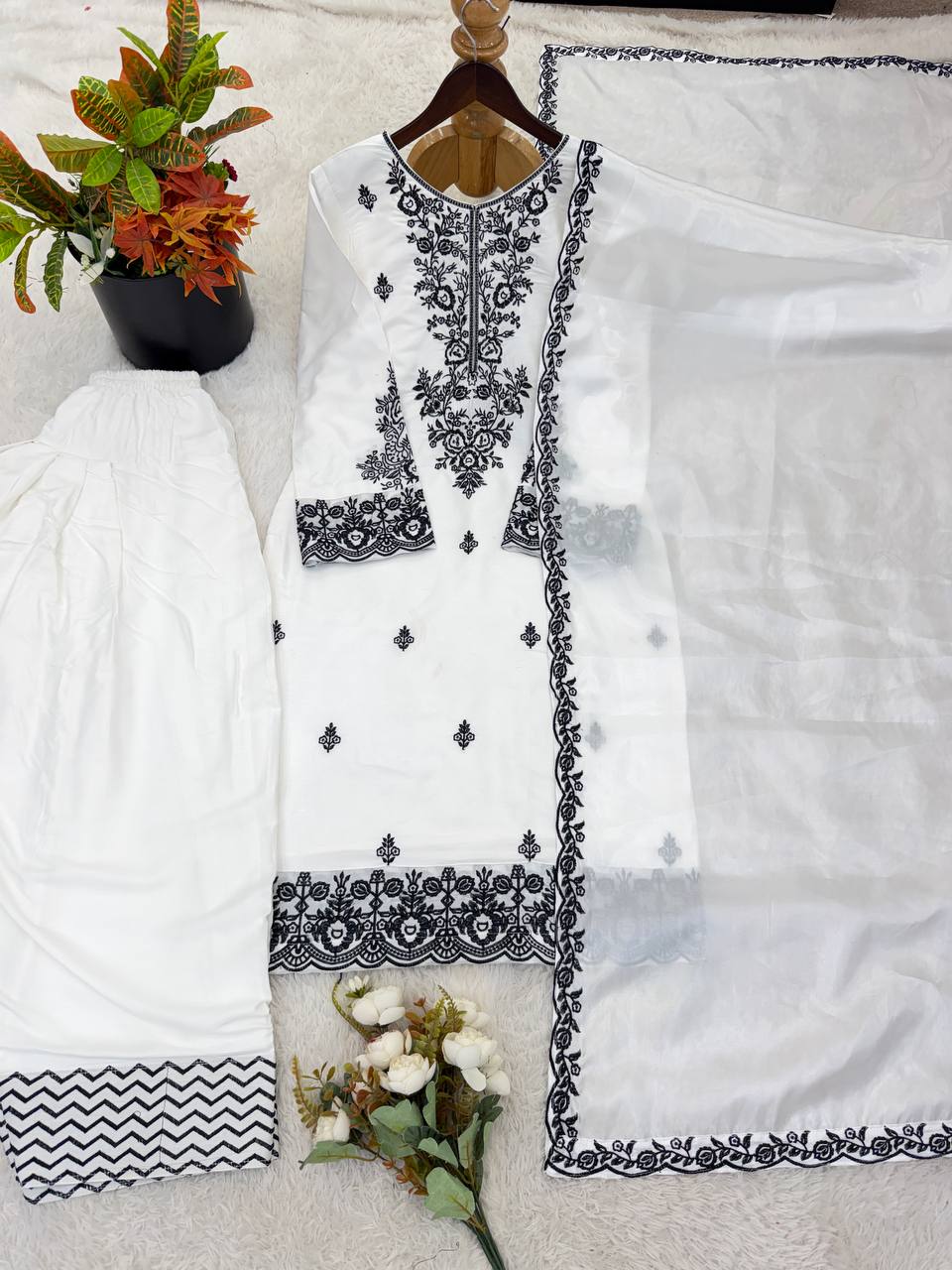 New Latest Trendy Designer Embroidered Cotton-Blend Kurta with Matching Trousers and Dupatta