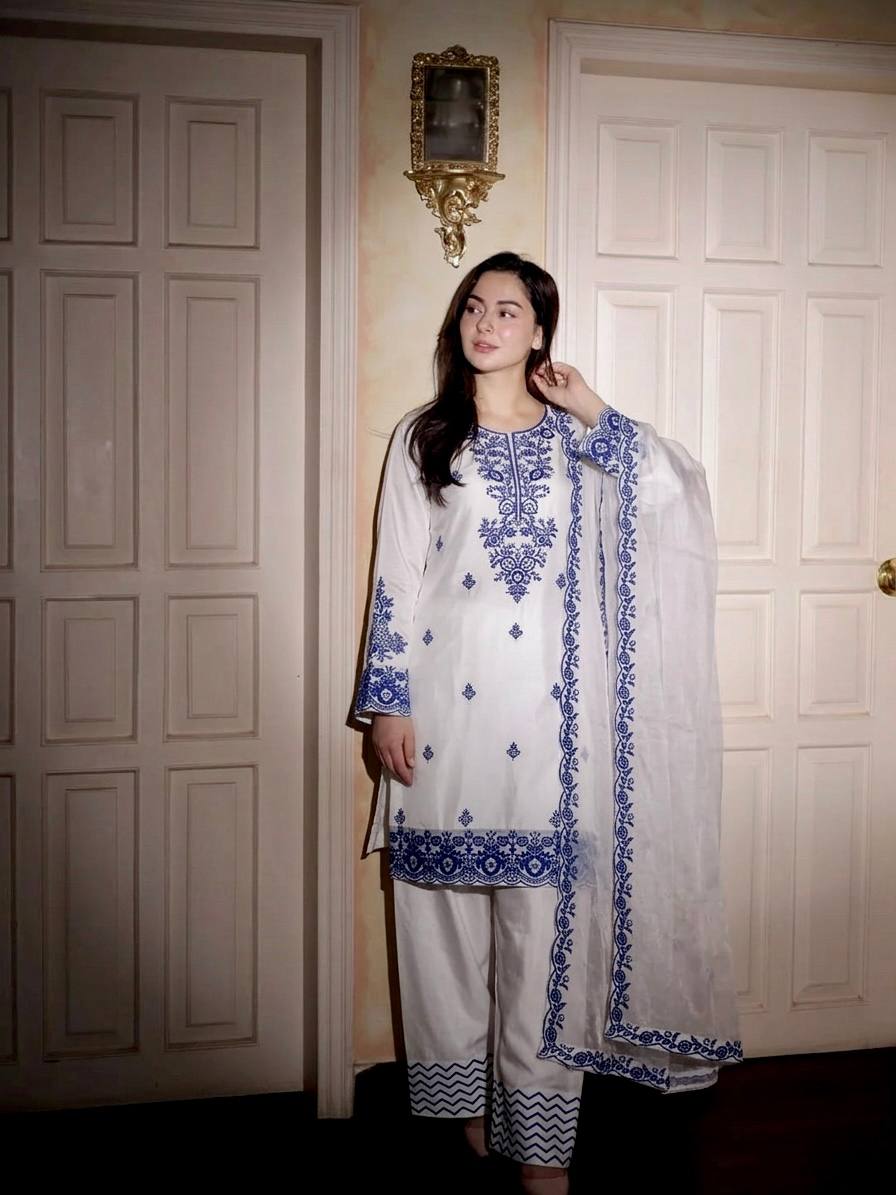 New Latest Trendy Designer Embroidered Cotton-Blend Kurta with Matching Trousers and Dupatta