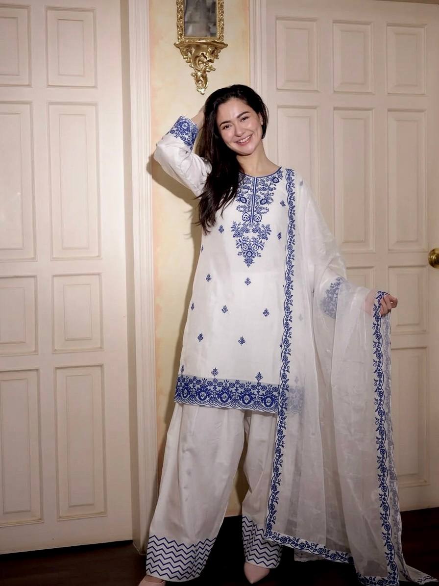 New Latest Trendy Designer Embroidered Cotton-Blend Kurta with Matching Trousers and Dupatta