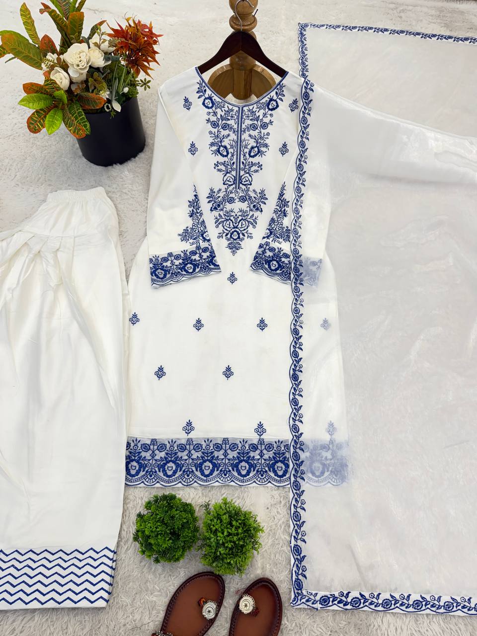 New Latest Trendy Designer Embroidered Cotton-Blend Kurta with Matching Trousers and Dupatta