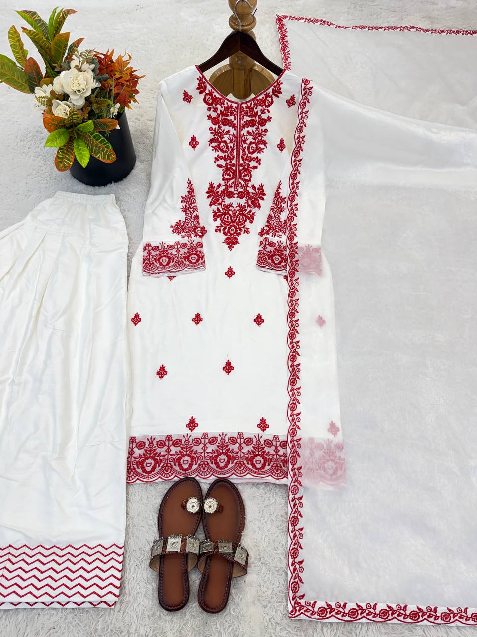 New Latest Trendy Designer Embroidered Cotton-Blend Kurta with Matching Trousers and Dupatta