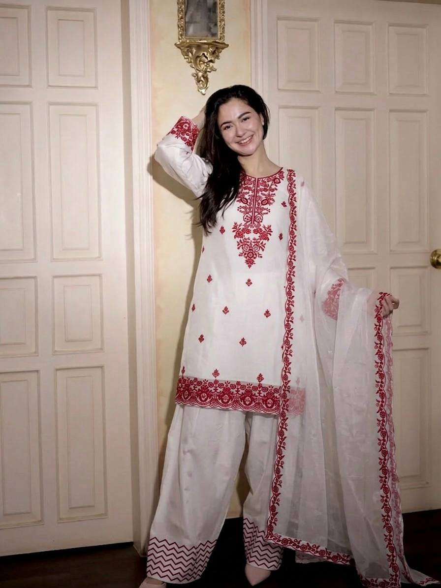 New Latest Trendy Designer Embroidered Cotton-Blend Kurta with Matching Trousers and Dupatta