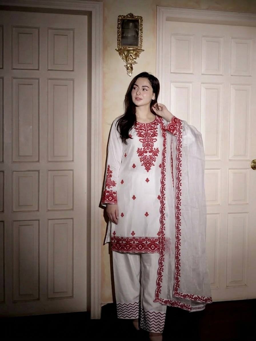 New Latest Trendy Designer Embroidered Cotton-Blend Kurta with Matching Trousers and Dupatta