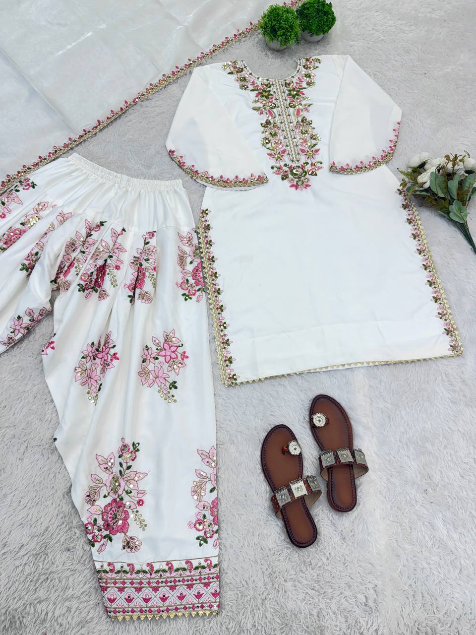 New Latest Trendy Designer Festive Wear Kurta Palazzo Set with Net Dupatta