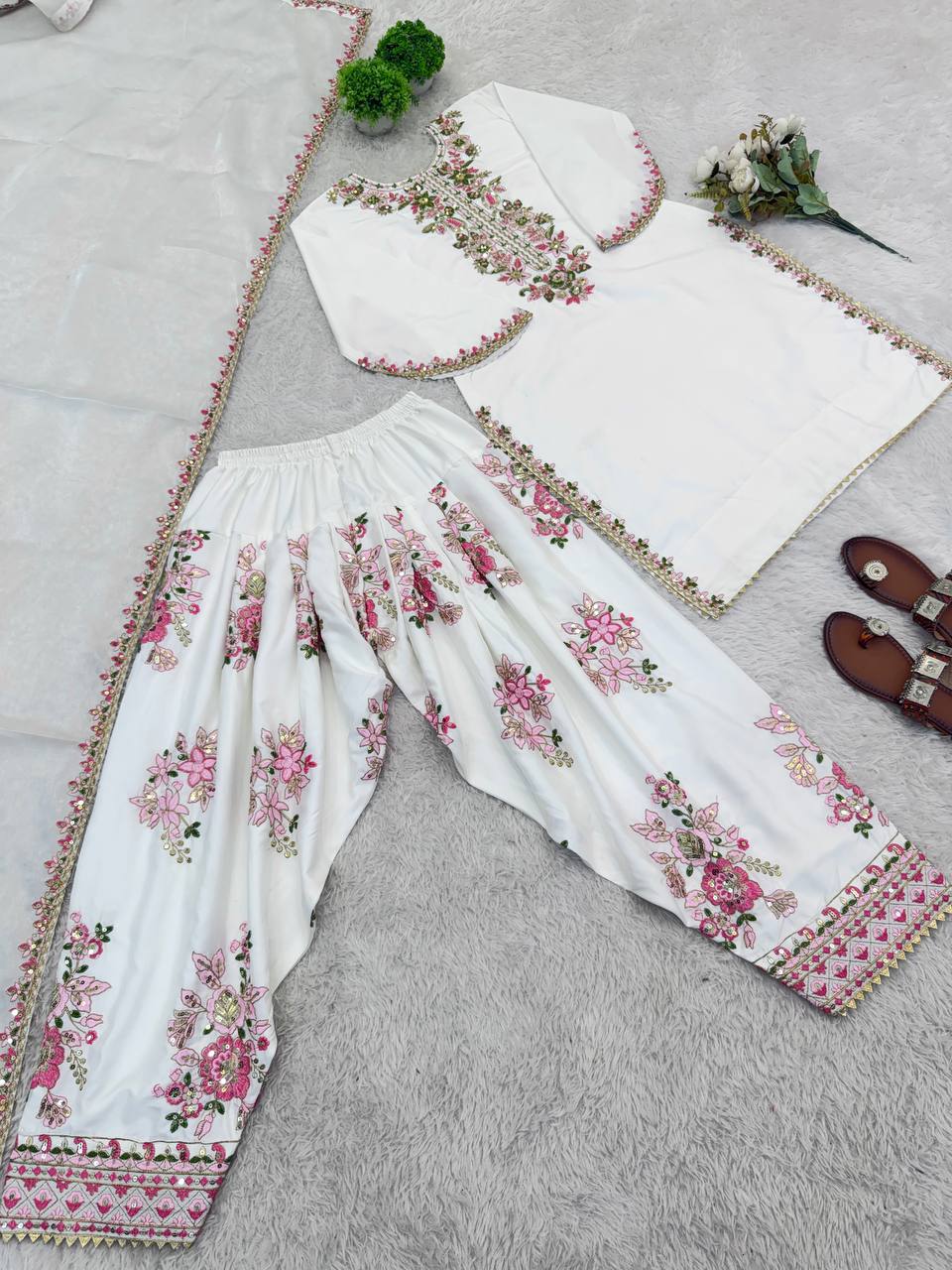 New Latest Trendy Designer Festive Wear Kurta Palazzo Set with Net Dupatta