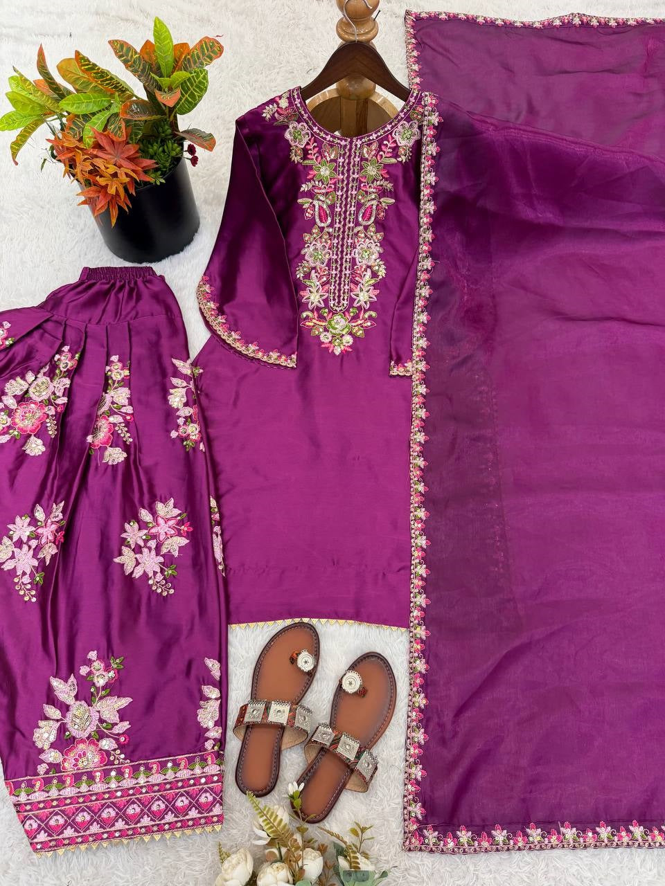 New Latest Trendy Designer Festive Wear Kurta Palazzo Set with Net Dupatta
