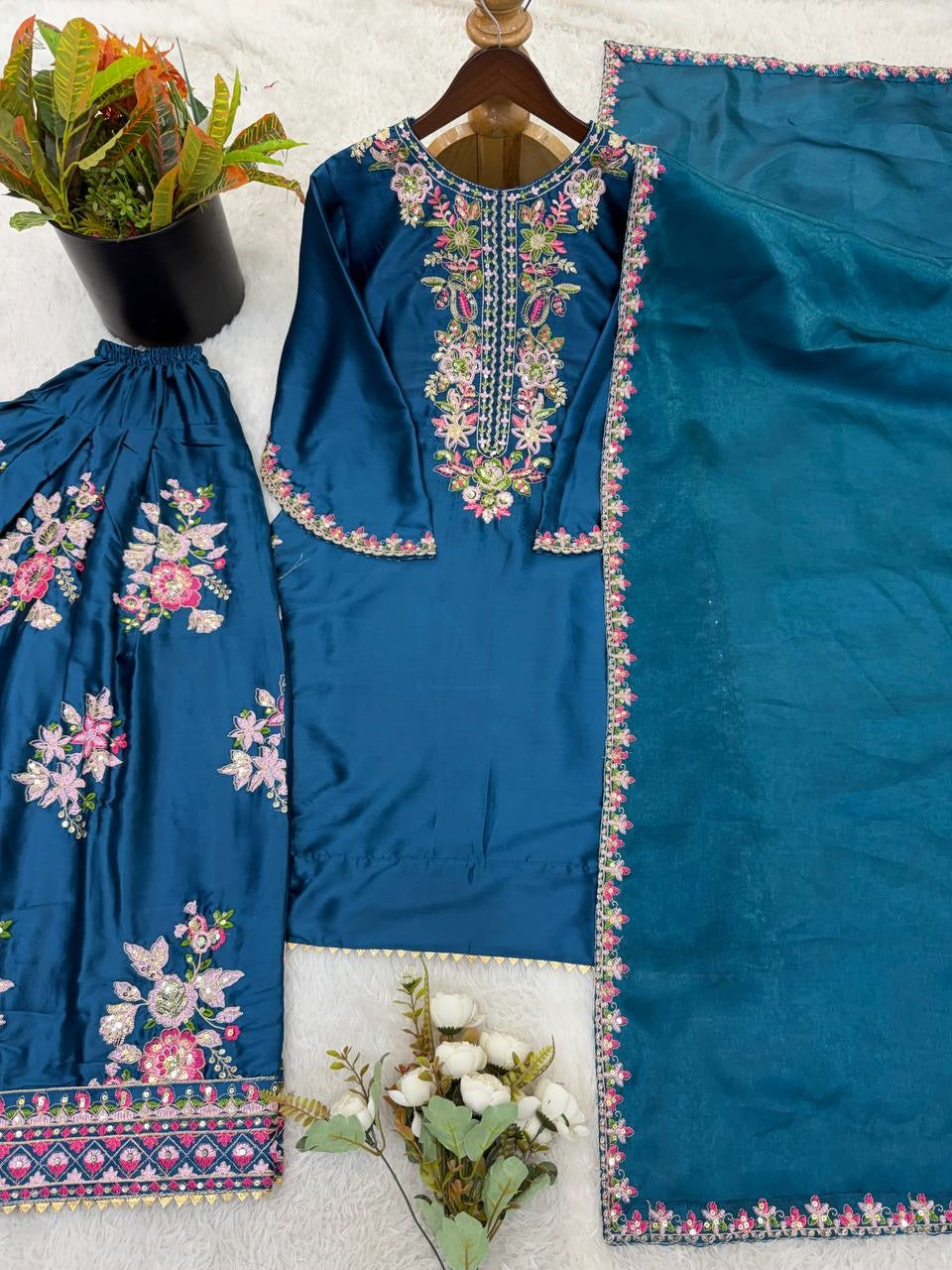 New Latest Trendy Designer Festive Wear Kurta Palazzo Set with Net Dupatta