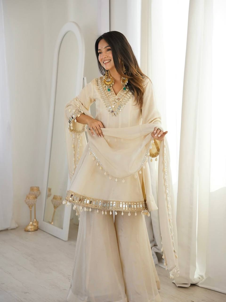 New Designer Off-White Mirror Work Ethnic Suit with Matching Sharara Set