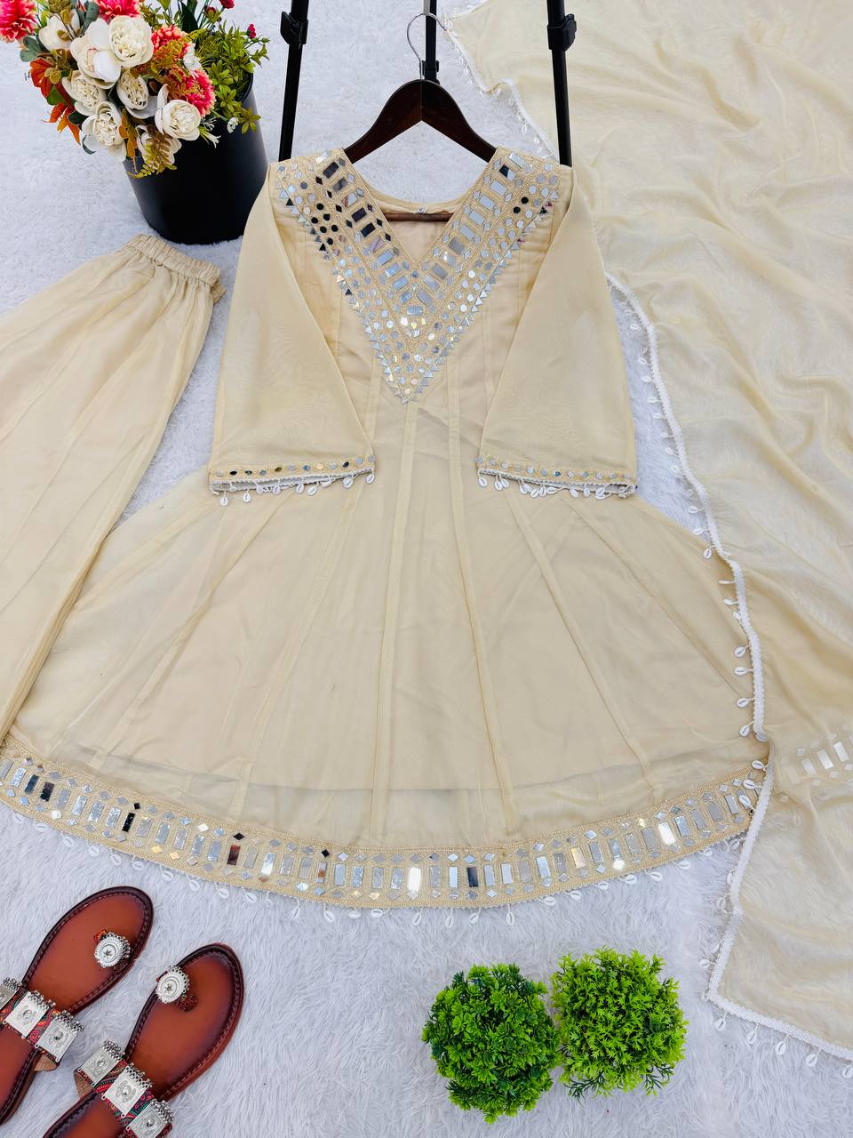 New Designer Off-White Mirror Work Ethnic Suit with Matching Sharara Set