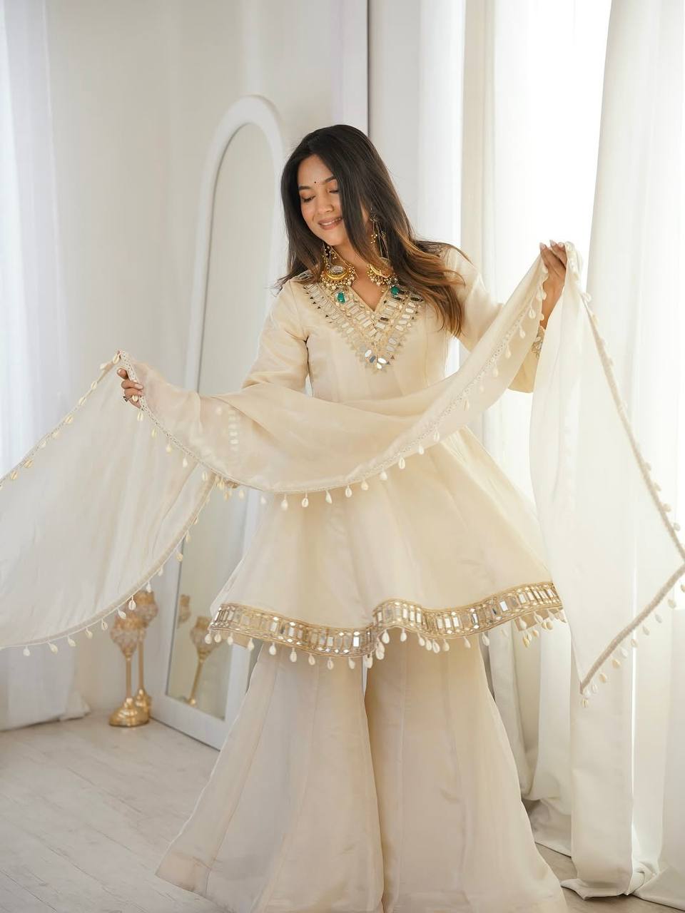 New Designer Off-White Mirror Work Ethnic Suit with Matching Sharara Set