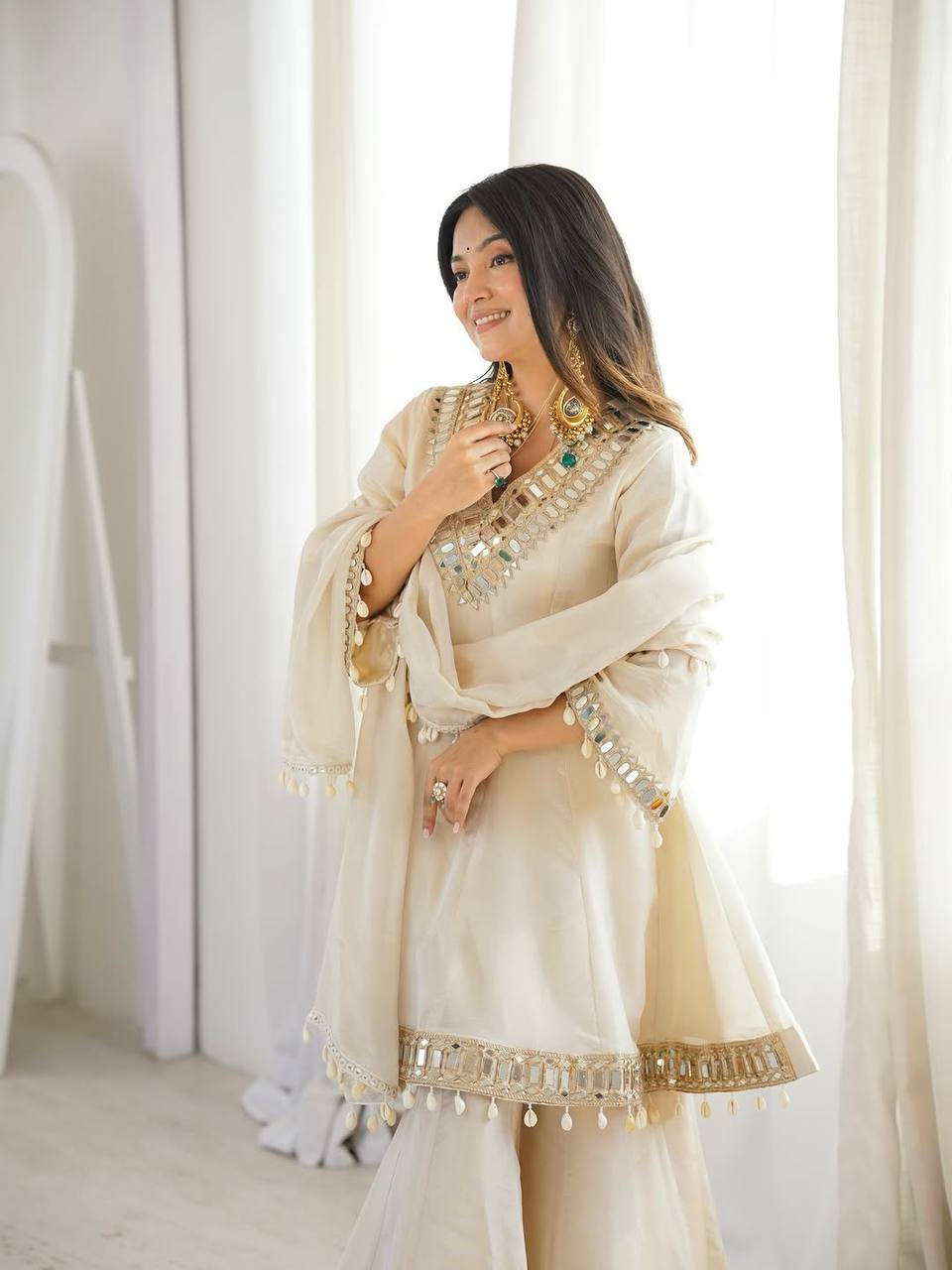 New Designer Off-White Mirror Work Ethnic Suit with Matching Sharara Set