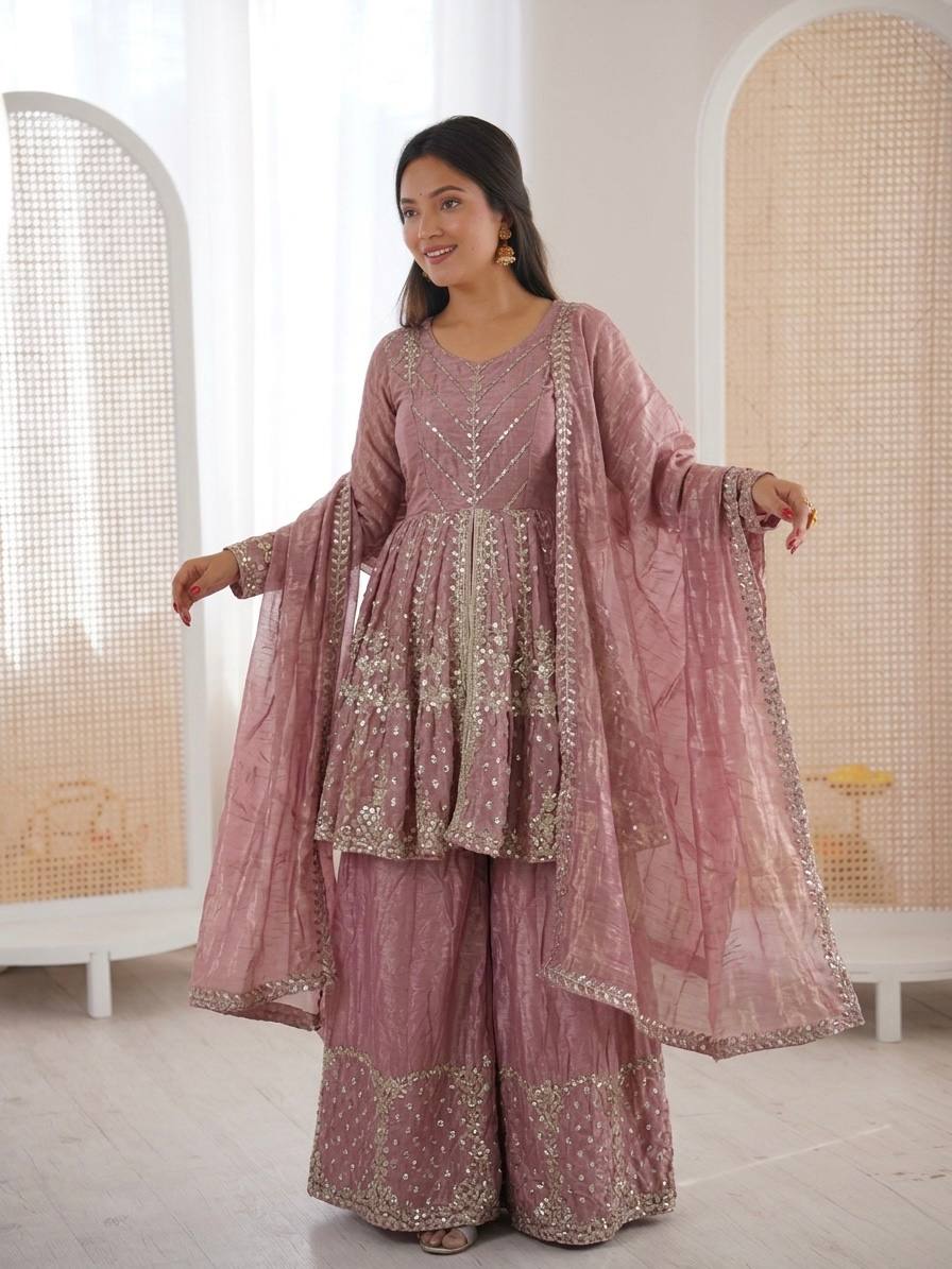 New Trending Festive Mirror Work Peplum Suit with Matching Sharara Set