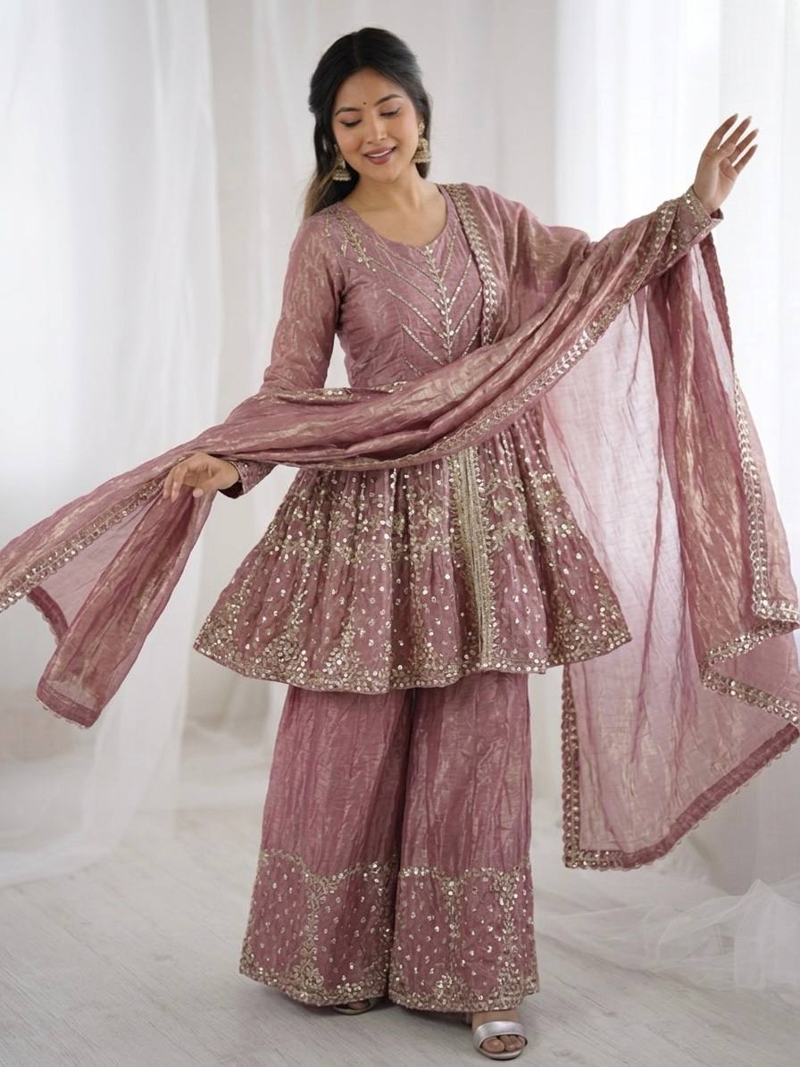 New Trending Festive Mirror Work Peplum Suit with Matching Sharara Set