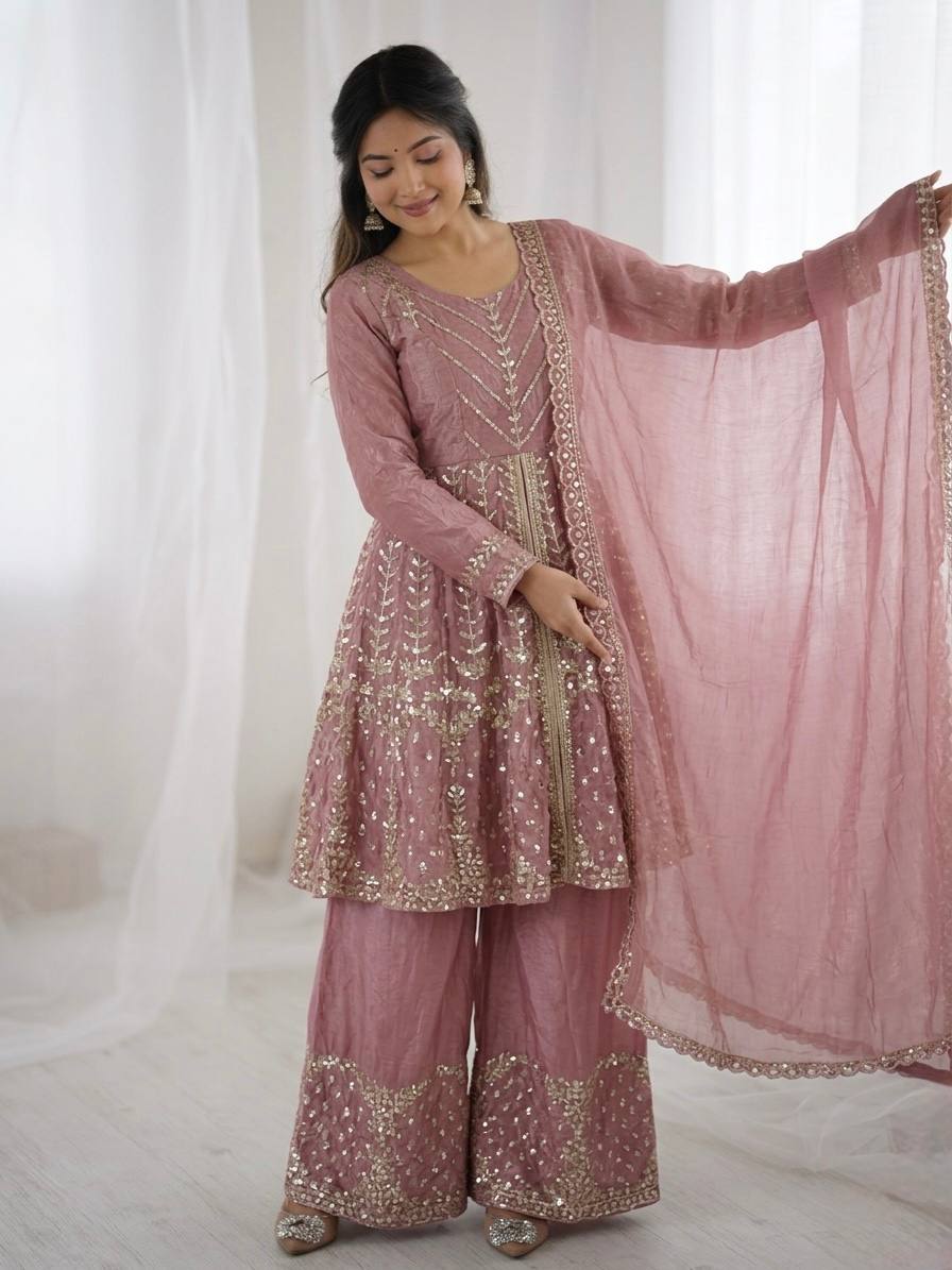 New Trending Festive Mirror Work Peplum Suit with Matching Sharara Set