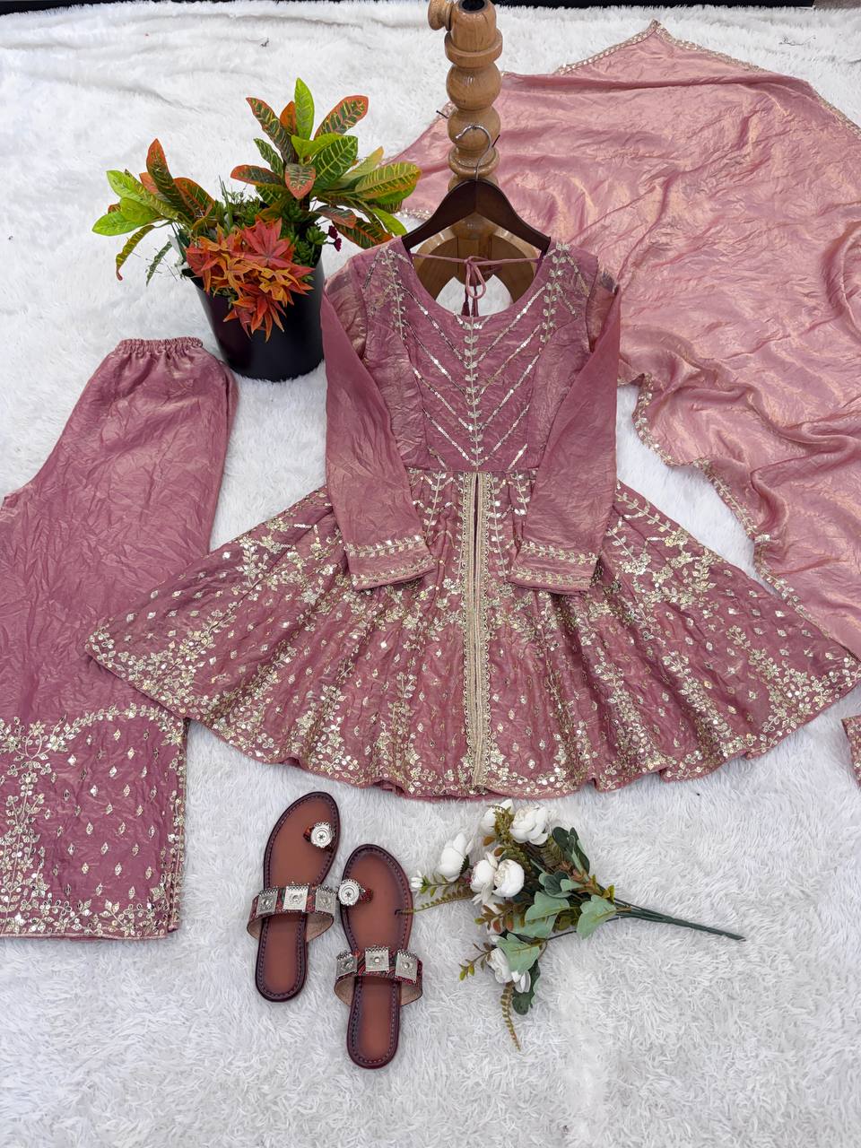 New Trending Festive Mirror Work Peplum Suit with Matching Sharara Set