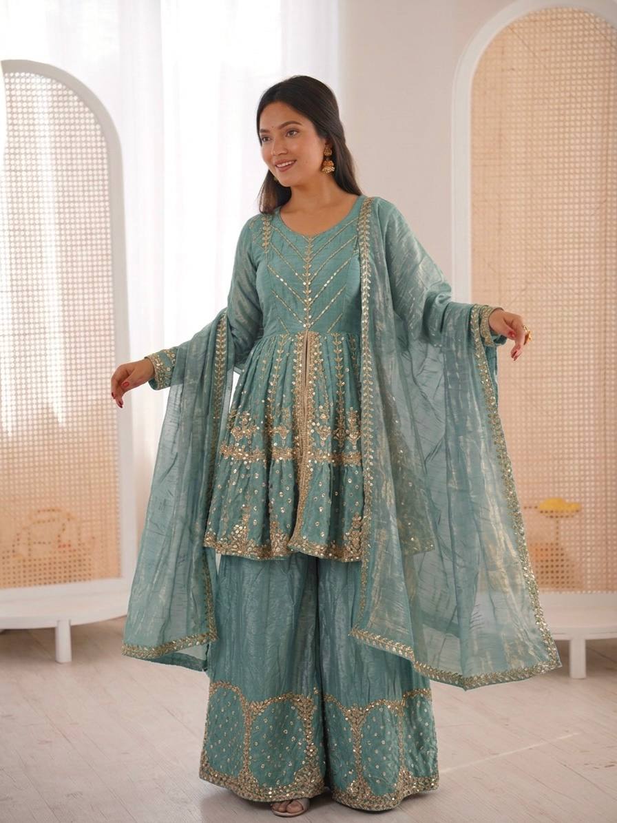 New Trending Festive Mirror Work Peplum Suit with Matching Sharara Set