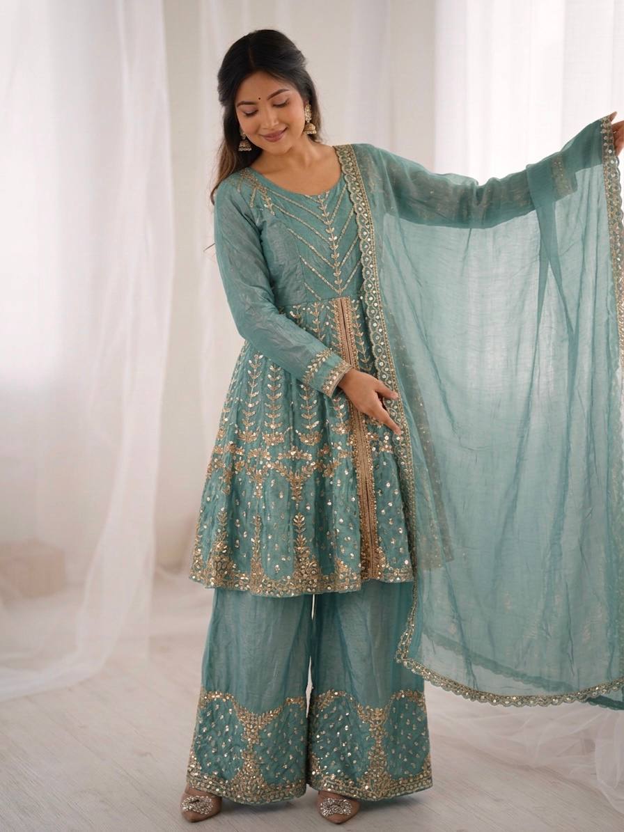 New Trending Festive Mirror Work Peplum Suit with Matching Sharara Set