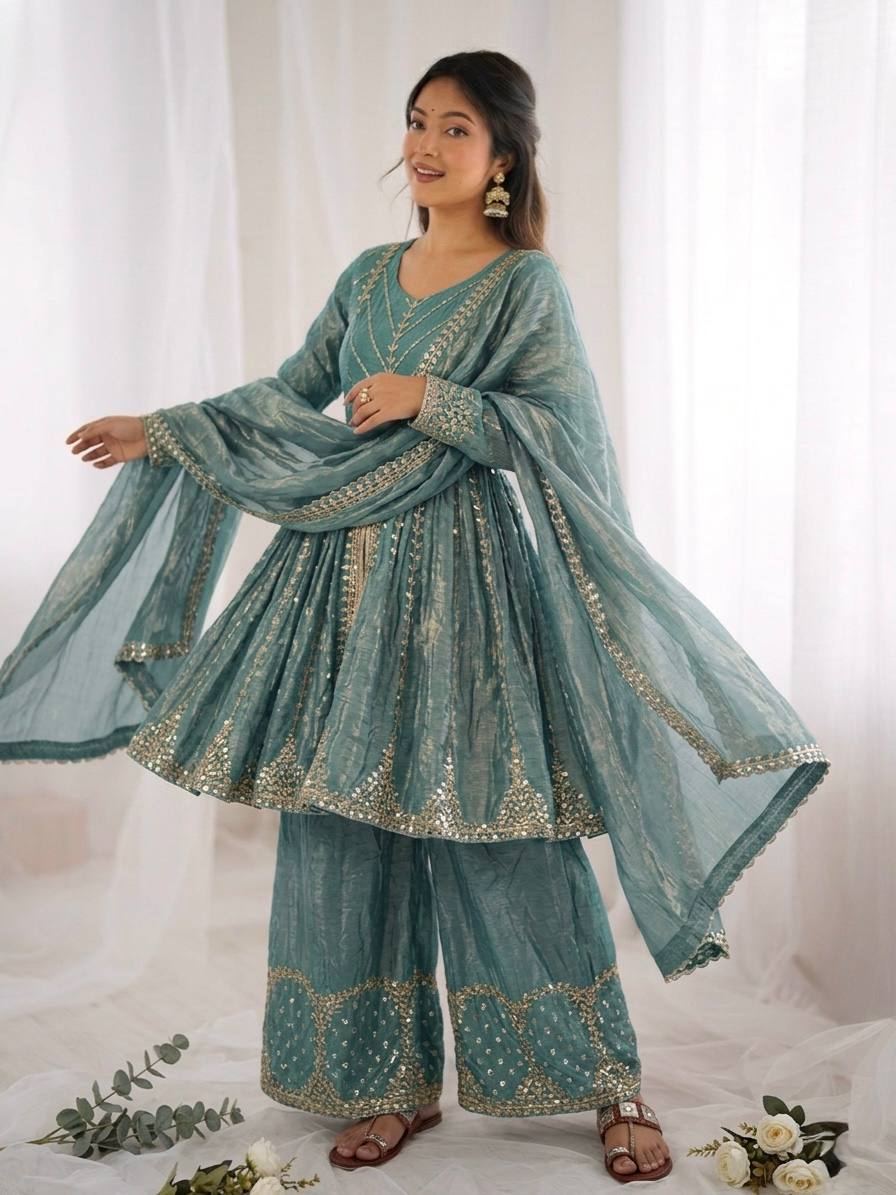 New Trending Festive Mirror Work Peplum Suit with Matching Sharara Set