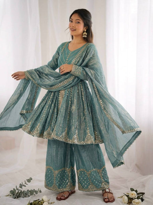 New Trending Festive Mirror Work Peplum Suit with Matching Sharara Set