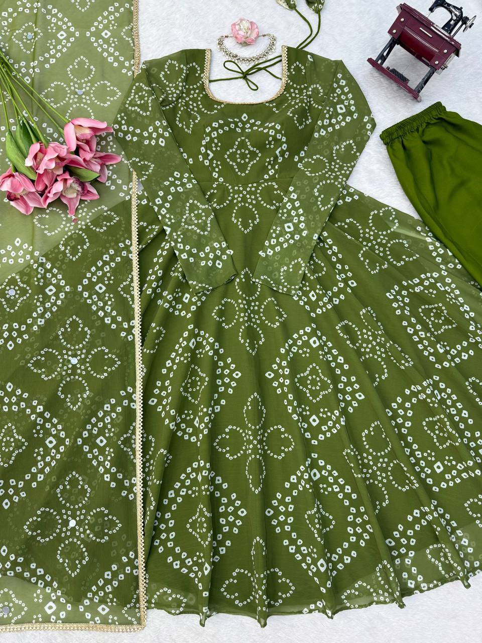 Bandhani Print Georgette Kurta Set with Sharara and Dupatta